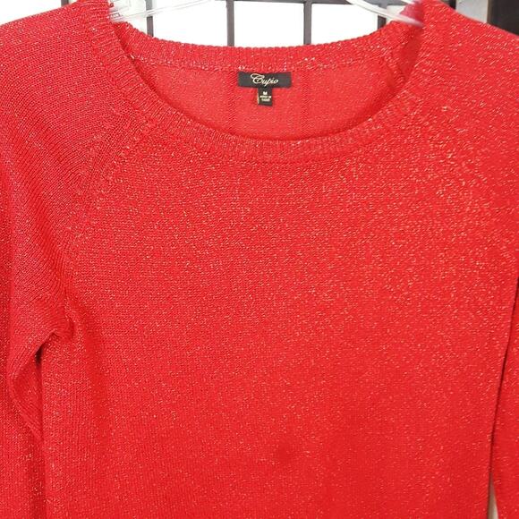 Cupio Glitter Red Long Sleeve Crewneck Pullover Sweater Roll Cuff  Women's M - Picture 2 of 7